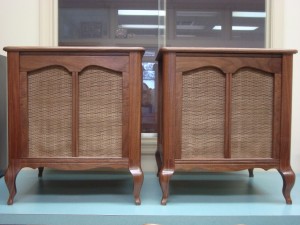 Custom-made end tables with built-in speakers.